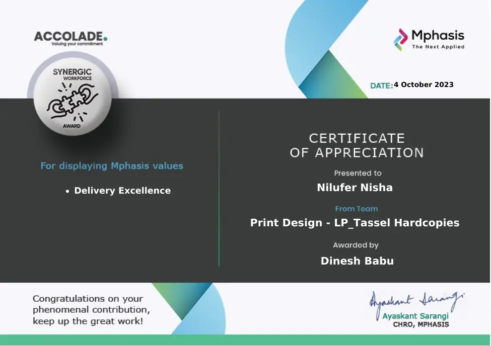 Mphasis Synergic Workforce Award certificate presented to Nilufer Nisha, October 2023
