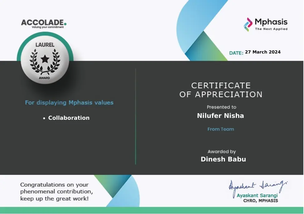 Mphasis Laurel Award certificate presented to Nilufer Nisha, March 2024