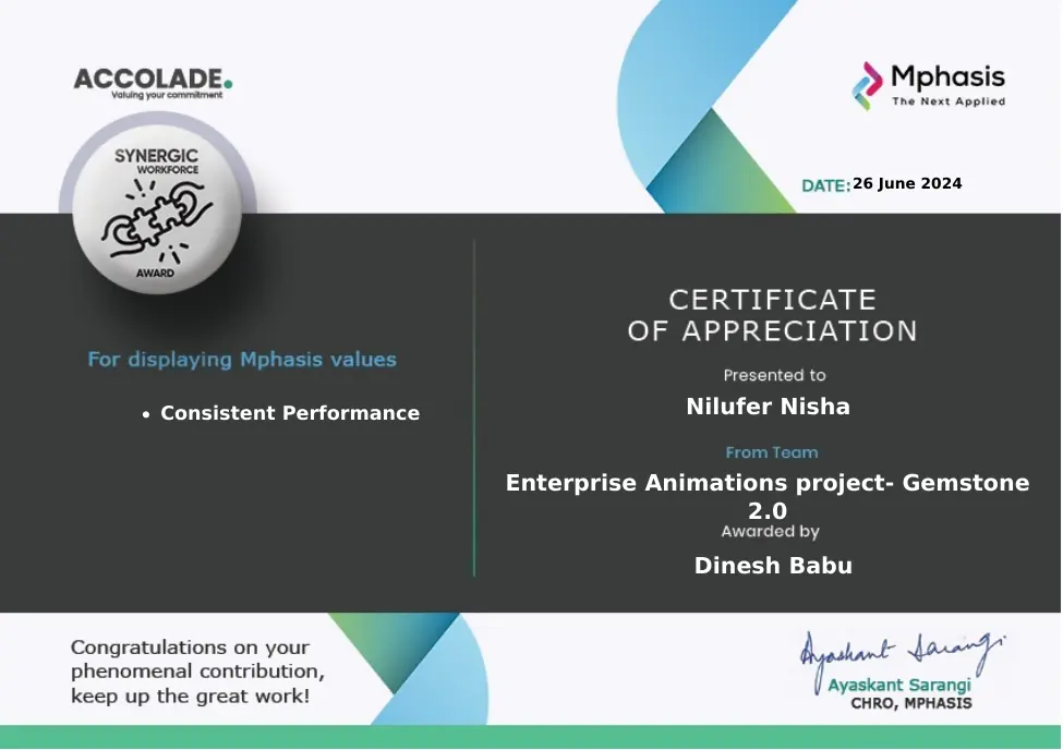 Mphasis Synergic Workforce Award certificate presented to Nilufer Nisha, June 2024