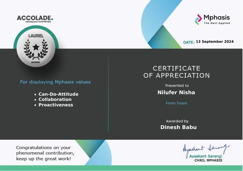 Mphasis Laurel Award certificate presented to Nilufer Nisha, September 2024